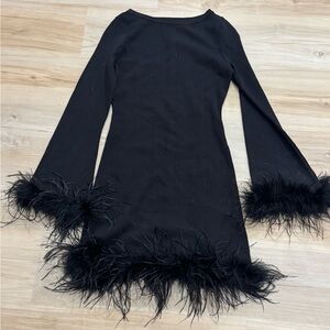 Wayf Black Long Sleeve Dress with Feather Trim